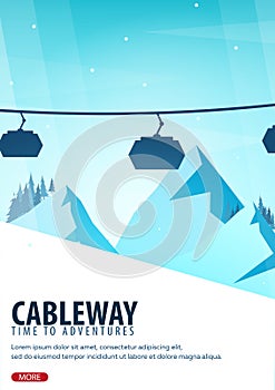 Winter Sport. Cableway. Mountain landscape. Snowboarder in motion. Vector illustration.