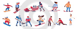 Winter sport. Cartoon people cold season activities. Isolated men and women skiing and snowboarding bobsled and figure