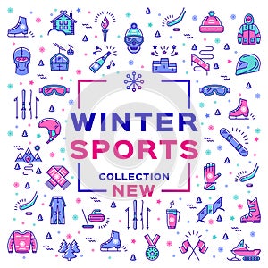 Winter sport collection, collage. Branding sports equipment and sportswear