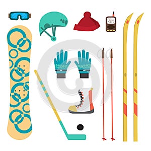 Winter sport different accessories snowboard, cross-country photo