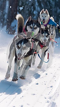 Winter sport excitement Sled dog racing, Husky team in action