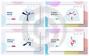 Winter Sport Figure Iceskating Activity Website Landing Page Set. Sportsman and Sportswoman Performing on Ice Rink
