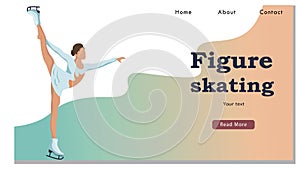 Winter Sport Figure Iceskating Activity Website Landing Page. Sportswoman Performing on Ice Rink with Skating Program