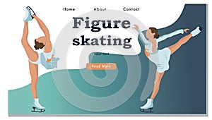 Winter Sport Figure Iceskating Activity Website Landing Page. Sportswoman Performing on Ice Rink with Skating Program