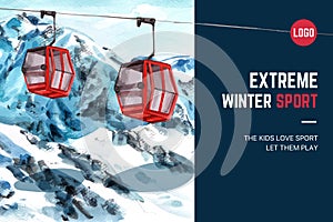 Winter sport frame design with ropeway watercolor illustration