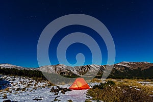 Winter Sport Hiking Bivouac in Mountain Landscape at Night