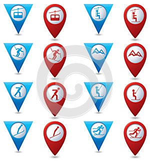 Winter sport icons set on blue and red map pointers.