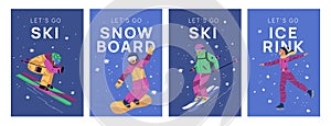 Winter sport posters. People snowboarding. Downhill skiing and ice skating. Athletes characters. Outdoor activities