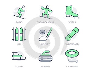 Winter sport simple line icons. Vector illustration with minimal icon - skier, skates, ice hockey, curling stone