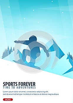 Winter Sport. Ski and Snowboard. Mountain landscape. Snowboarder in motion. Vector illustration.