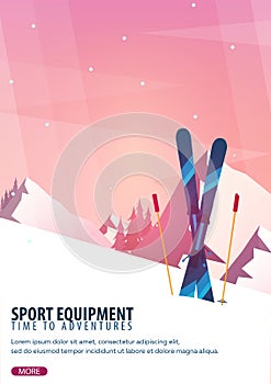 Winter Sport. Ski and Snowboard. Mountain landscape. Snowboarder in motion. Vector illustration.