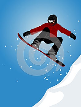 Winter sport of a snowboarder jumping on snow hill against blue sky