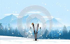 Winter sport tourism. Pair of cross skis in snow. Ski winter mountain landscape background. Vector illustration.