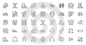 Winter sport vector flat line icons. Outdoor activities equipment snowboard, hockey, sled, skates, snow tubing, ice