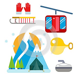 Winter sport vector icons set ski gondola snowboarding clothes tool elements element item illustration isolated