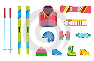Winter sport vector icons set ski snowboarding clothes tool elements helmet glove boots element item illustration