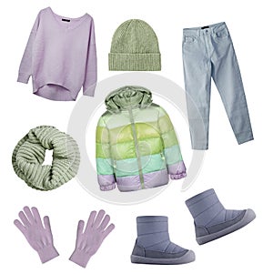 Winter sport women`s clothing isolated set.Collection of female clothes. Cold season female garment