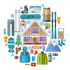 Winter sports activity and equipment round icon set. Skiing, snowboarding vector isolated. Ski resort elements in flat