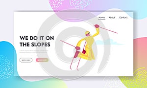 Winter Sports Activity and Sparetime Website Landing Page. Young Woman Freestyle Skiing in Mountains Riding Jumping