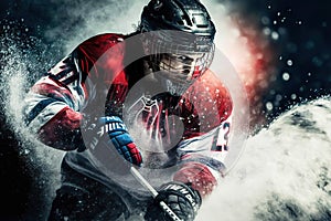 Winter sports athlete scoring goal against ice hockey, generative ai