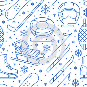 Winter sports blue seamless pattern, equipment rental at ski resort. Vector flat line icons - skates, hockey sticks