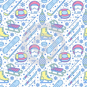 Winter sports blue seamless pattern, equipment rental at ski resort. Vector flat line icons - skates, hockey sticks