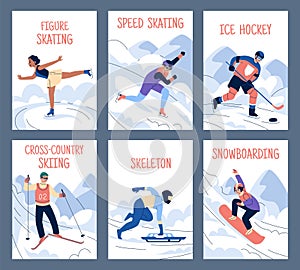 Winter sports cards. Ski and skating, snowboarding and hockey, people on ice rink, track and snow, professional athletes