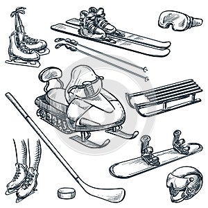 Winter sports equipment design elements. Hand drawn vector sketch illustration. Outdoor leisure activity icons