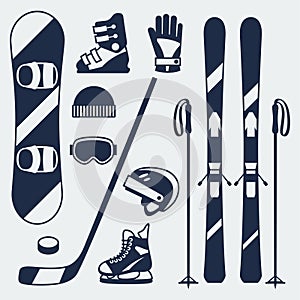 Winter sports equipment icons set in flat design