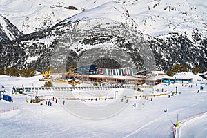 Winter sports and family ski holiday, view on Soldeu ski lifts cross centre, Andorra