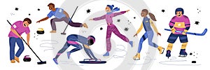 Winter sports games athletes. Cartoon people on ice. Figure skaters. Bobsledders and hockey player in uniform