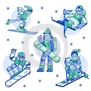 Winter Sports Man and Woman Line Icons