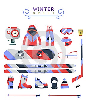 Winter sports objects, equipment collection, vector icons, flat