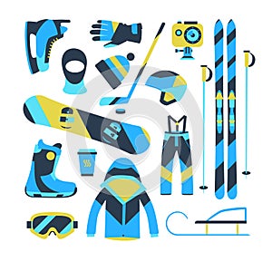 Winter sports objects, equipment collection, vector icons, flat