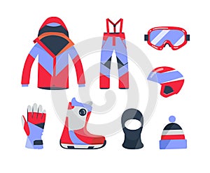 Winter sports objects, equipment collection, vector icons, flat style.