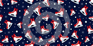 Winter sports repeated background. ice skates seamless pattern. vector illustration. Cute skate symbol on a blue