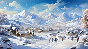 A winter sports scene with skiers, snowboarders and ice-skaters