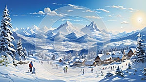 A winter sports scene with skiers, snowboarders and ice-skaters