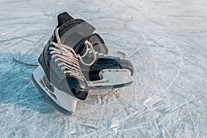 Winter sports skates are on the ice. Winter Sports Equipment