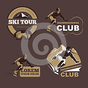 Winter sports, snowboarding and skiing club vector emblems, labels, badges, logos set