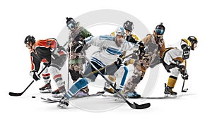 Winter sports. Sport in action. Hockey and skiing. Professional athletes. Sport collage. Isolated in white