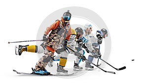 Winter sports. Sport in action. Skiing and hockey. Professional athletes. Sport collage. Isolated in white