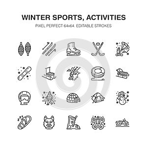 Winter sports vector flat line icons. Outdoor activities equipment snowboard, hockey, sled, skates, snow tubing, ice