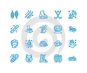 Winter sports vector flat line icons. Outdoor activities equipment snowboard, hockey, sled, skates, snow tubing, ice