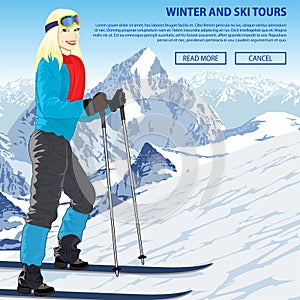 Winter sports vector illustration with girl in mountains ski resort