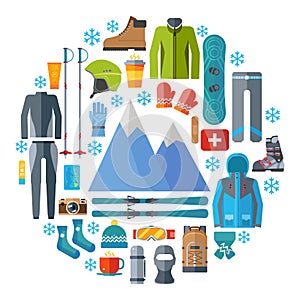 Winter sportswear and equipment round icon set. Skiing, snowboarding vector isolated. Ski resort elements in flat design