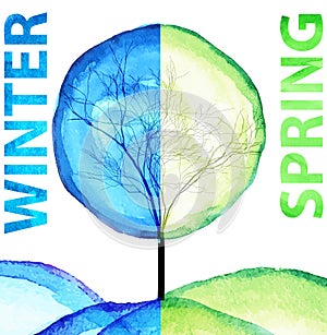 Winter and spring watercolor concept. Seasonal trees art vector illustration