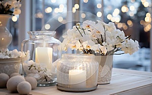 Winter still life, Candles, pine cone and dried flowers in the living room near the sofa with pillows