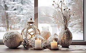 Winter still life, Candles, pine cone and dried flowers in the living room by the window