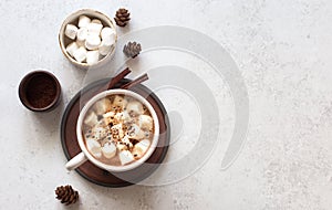 Winter still life-cup of coffee, marshmallows and fir cones on gray stone background